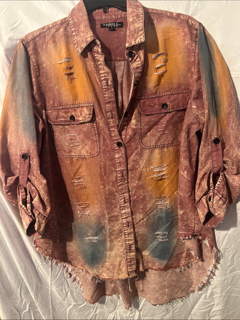 Thrill Distressed Tie-Dye Button-Up Shirt Jacket in Rust, Mustard, Blue